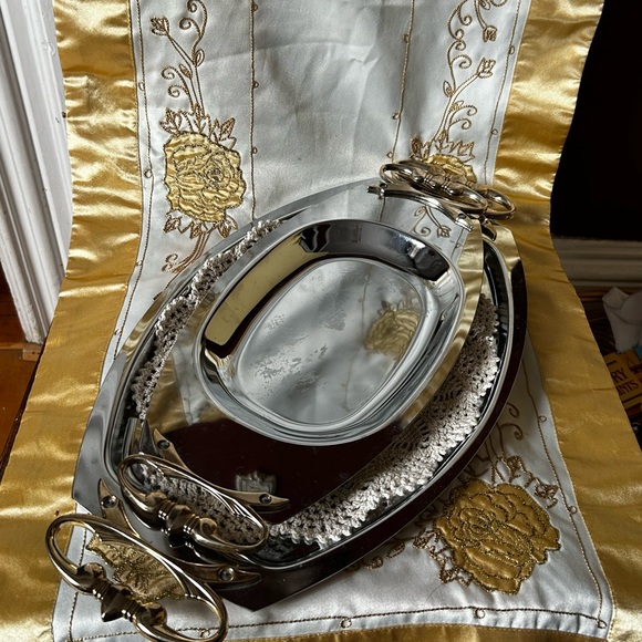 Vintage Kromex 14.5" and 17”” Chrome Serving Trays with Goldtone handles - Picture 2 of 6